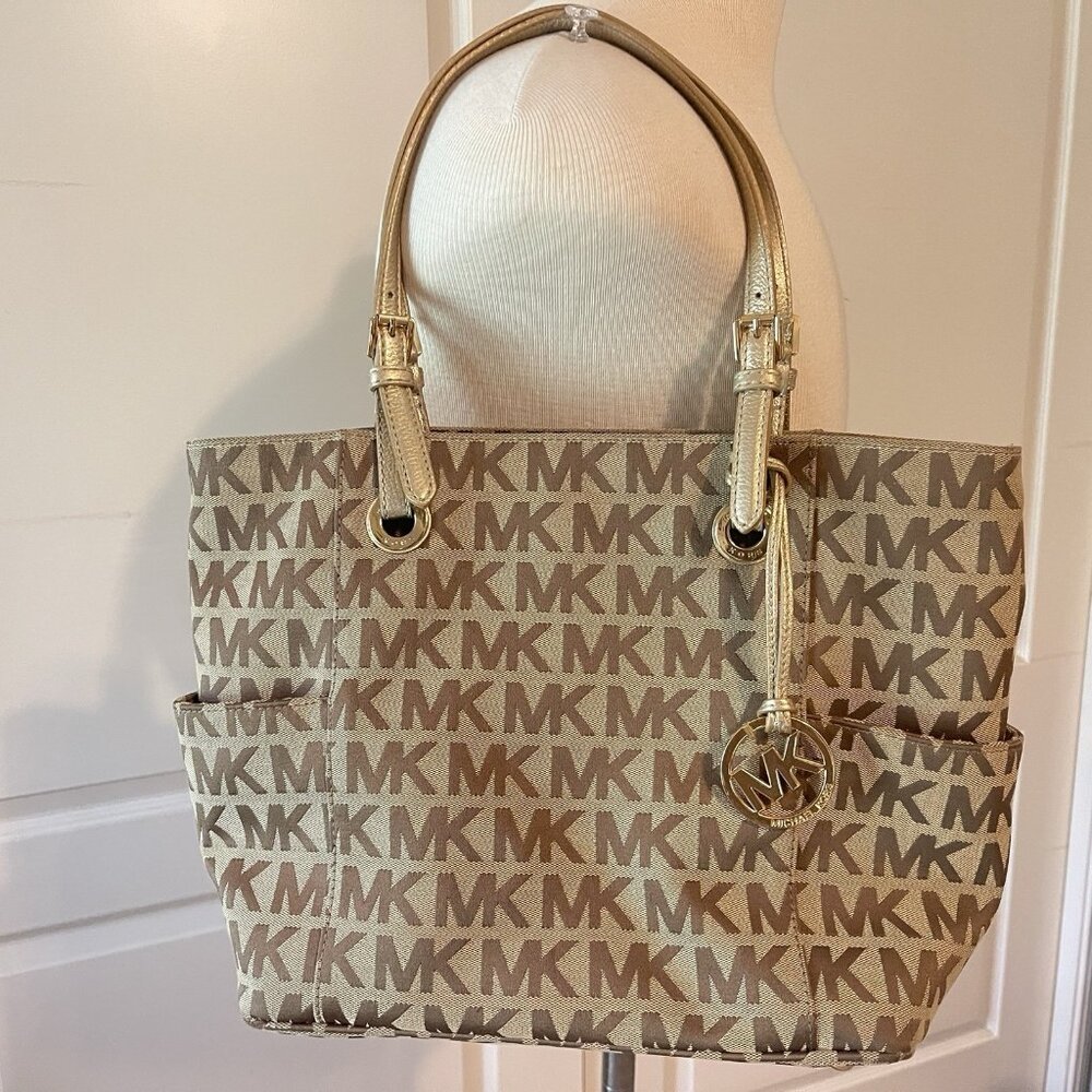 Michael Kors Jet Set Signature Logo Tote Handbag Large Brown Side Pockets